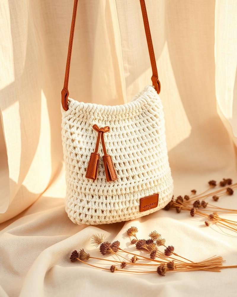 Bolsa Aurora em crochê cru com alça de couro caramelo