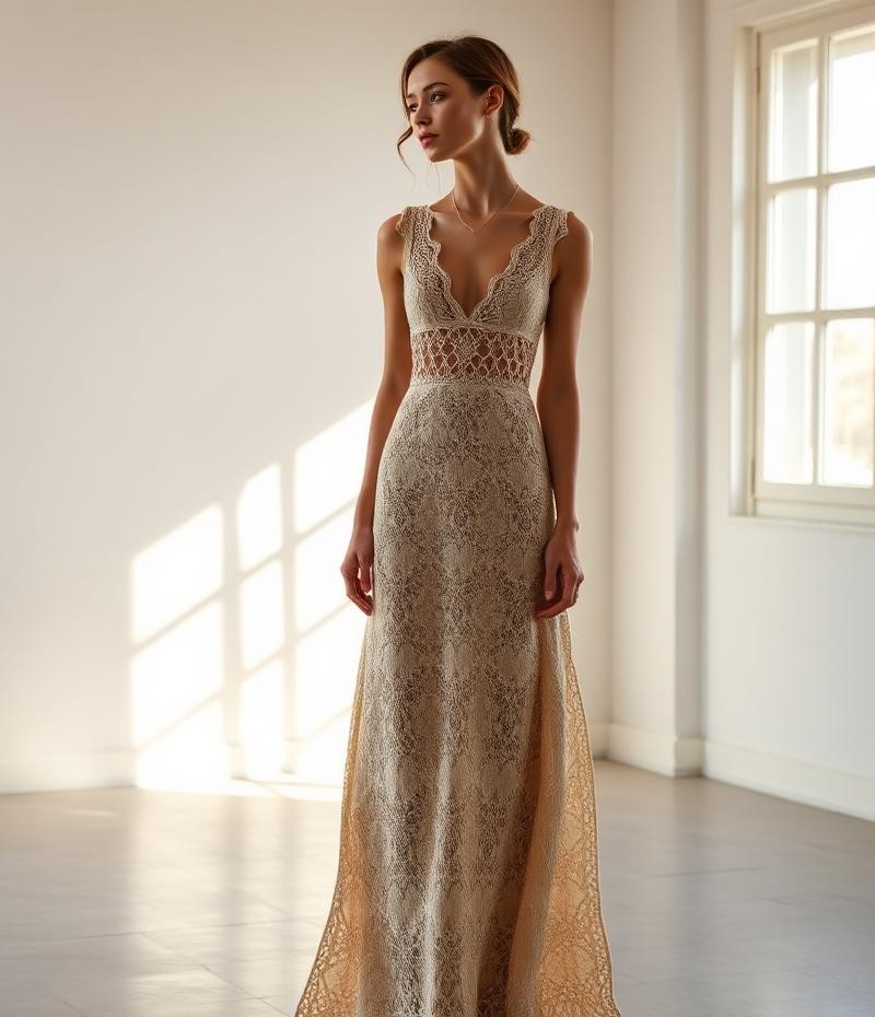 Vestido longo de crochê em tom cru para ocasiões especiais