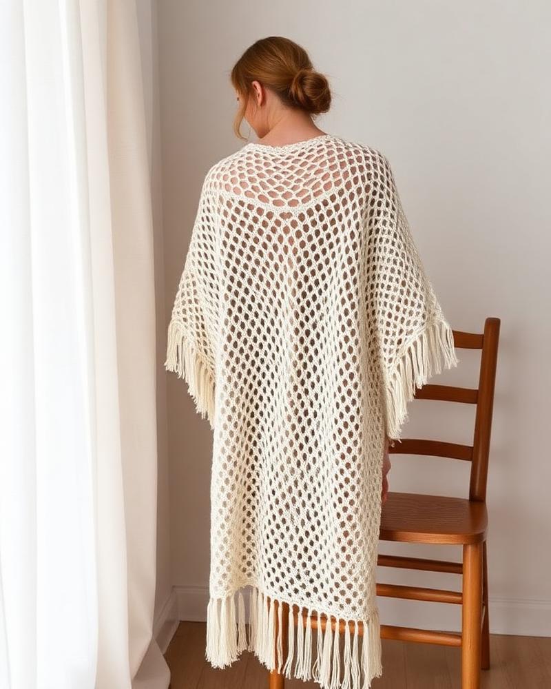 Kimono Mar em crochê cru com franjas, usado sobre os ombros